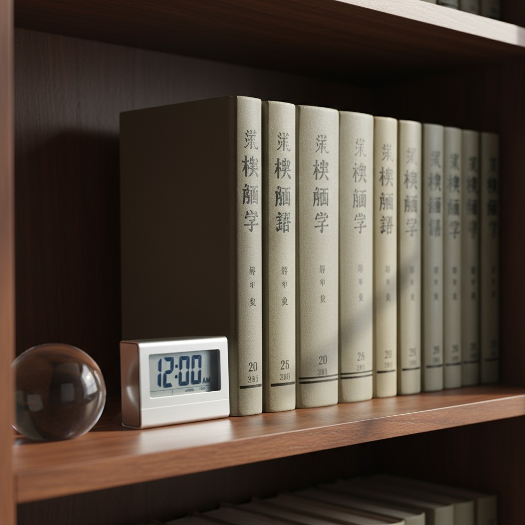 Shelf with books and a clock, wood or wood-look shelf, books side by side, books with Asian writing, white alarm clock bes...