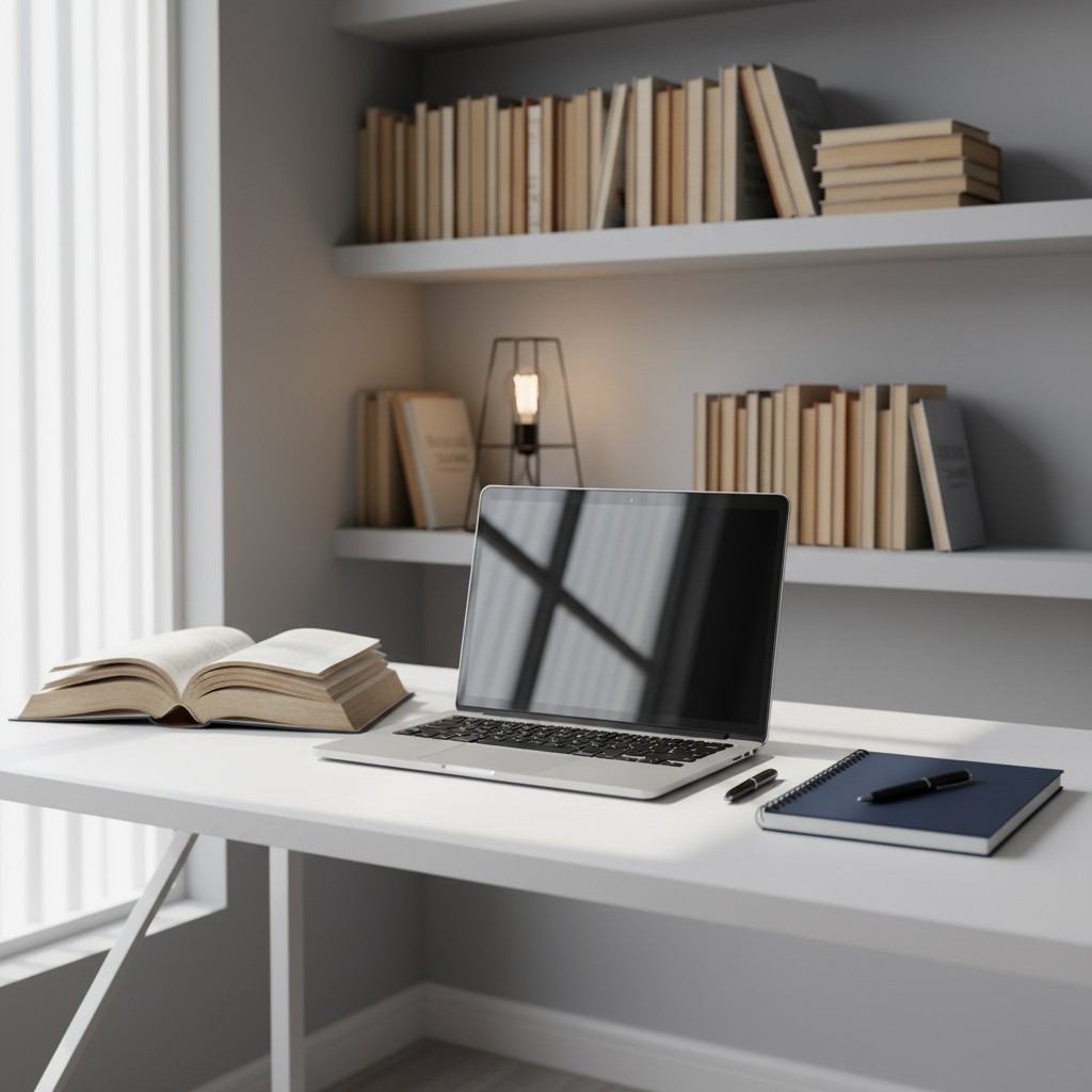 A minimalist white desk with an open book illuminated by natural light from a window on the left, next to a silver laptop ...