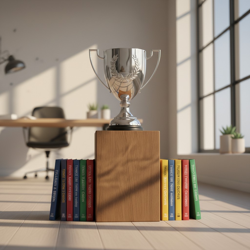 A modern office interior with a large silver trophy on a wooden pedestal, flanked by books.